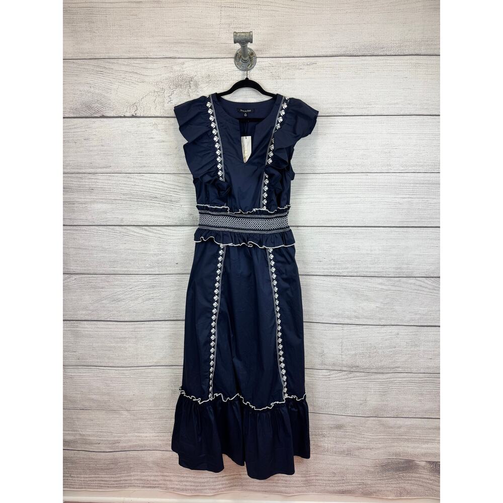Strut & Bolt Women's Navy & White Embroidered Midi Dress Size Medium